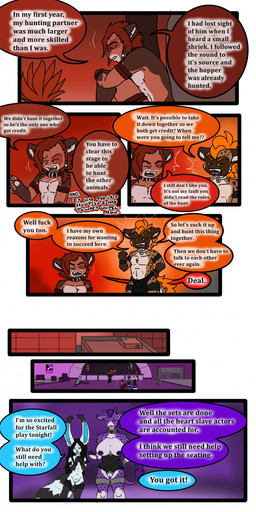 anthro bottomwear breasts clothing collar cuff_(restraint) dialogue duo female genitals loincloth male metal_collar plant profanity restraints tail text vulva tatsuchan18 havoc_(tatsuchan18) mink_(tatsuchan18) bassariscus felid giraffe giraffid hyena lagomorph leporid lion mammal pantherine procyonid ring-tailed_cat absurd_res comic digital_media_(artwork) english_text hi_res multiple_scenes