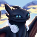 black_body cloud electronics feral headphones headphones_around_neck looking_at_viewer male pupils sky skyscape slit_pupils smile solo wings gh0stadil dreamworks european_mythology how_to_train_your_dragon mythology dragon fury_(httyd) mythological_creature mythological_scalie night_fury scalie western_dragon icon