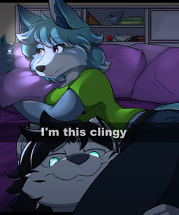 anthro bed biped bottomwear breasts claws clothed clothed_anthro clothed_female clothing duo electronics female fingers fully_clothed fully_clothed_anthro fully_clothed_female fur furniture hair inside looking_at_viewer lying male on_side pants phone pillow shirt shitpost smile tail topwear infinitedge i'm_this_clingy canid canine mammal 2026 5:6 digital_drawing_(artwork) digital_media_(artwork) hi_res meme