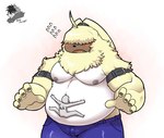 ahoge anthro belly biceps big_belly blush bottomwear bulge clothing denim denim_bottomwear denim_clothing duo embarrassed fur hair hair_over_eyes jeans long_ears male moobs musclegut muscular muscular_arms nipples nuzzling overweight overweight_male pants pecs shirtless yellow_body yellow_fur alphamoonlight bandai_namco digimon digimon_ghost_game angoramon digimon_(species)