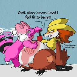 air_inflation anthro bedroom blush blush_lines close_to_bursting dizzy_eyes duo feet female female/female glowing hose hose_inflation inflation mature_female pain pump purple_blush scar self-harm_scars self-ship spread_toes tail tail_motion tailwag text toes yumeship skyhighbaa movieunleashers nintendo pokemon bovid caprine delphox flaaffy generation_2_pokemon generation_6_pokemon mammal pokemon_(species) sheep 1:1 english_text