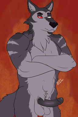 anthro balls blind crossed_arms disability fur genitals grey_body grey_fur male penis red_eyes solo pplover hellaverse helluva_boss mythology vortex_(helluva_boss) canid canid_demon canine canis demon hellhound mammal mythological_canine mythological_creature wolf 2:3 absurd_res hi_res