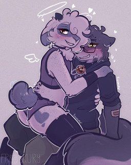 anthro bell blush bottomwear clothing collar duo eyelashes femboy fluffy freckled_arms freckled_back freckled_ears freckled_face freckled_hips freckled_shoulders freckles fur horn hotpants legwear long_eyelashes male male/male on_lap short_tail shorts sitting_on_lap stockings tail tuft wool_(fur) froskury fros_(froskury) noan_(froskury) arctic_fox bovid canid canine caprine domestic_cat felid feline felis fox hybrid mammal sheep true_fox hi_res nonbinary_(lore) trans_(lore)