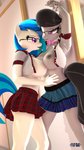 3d_(artwork) 9:16 against_surface against_wall anthro anthro_on_anthro anthroponiessfm arms_above_head big_breasts black_hair bottomwear bow_(feature) bow_tie breast_squish breasts breasts_frottage clothed clothing digital_media_(artwork) duo equid equine eyewear female female/female friendship_is_magic furgonomics glasses grey_body hair hasbro hi_res inside mammal multicolored_hair my_little_pony nipples octavia_(mlp) open_clothing open_shirt open_topwear purple_eyes school_uniform shirt skirt source_filmmaker_(artwork) squish standing tail_through_skirt tongue tongue_out topwear two_tone_hair uniform vinyl_scratch_(mlp) white_body