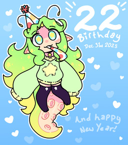 antennae_(anatomy) birthday choker clothed clothing female gradient_hair green_hair hair hat headgear headwear jewelry legwear long_hair necklace oversized_clothing oversized_sweater oversized_topwear party_hat party_horn pointy_ears simple_background smile solo stockings sweater tail tentacle_tail tentacles text thigh_highs topwear unusual_anatomy unusual_tail cluelessstarstream alien alien_humanoid humanoid digital_media_(artwork) hi_res