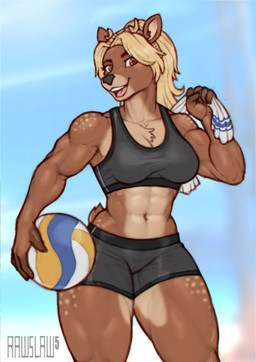 abs anthro athletic athletic_anthro athletic_female ball biceps bio_in_description black_nose blonde_hair bottomwear bra breasts brown_body brown_fur chest_tuft cleavage clothed clothing deltoids eyelashes female forearm_muscles freckled_hips freckled_legs freckled_shoulders freckled_thighs freckles fur hair long_eyelashes muscular muscular_anthro muscular_female navel obliques open_mouth open_smile quads shorts smile solo sports_bra teeth tight_bottomwear tight_clothing tight_shorts tongue towel trapezius triceps tuft underwear volleyball_(ball) rawslaw5 rachel_beauceron deer mammal hi_res story story_in_description