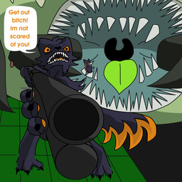 aiming_weapon anthro black_body black_fur claws corpse dipstick_tail duo feral fur green_tongue gun head_impalement impalement jagged_teeth looking_at_viewer male markings open_mouth ranged_weapon scared shotgun size_difference speech_bubble tail tail_markings tongue tusks uvula weapon toiletdestroyer casualties:_unknown alien canid canine elder_thornback_(casualities:_unknown) expie_(gunsawian) gunsawian mammal thornback_(casualities:_unknown) 1:1 hi_res