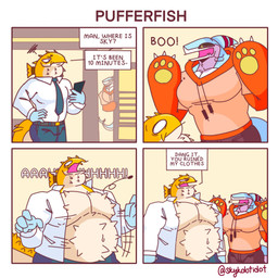 4_panel_comic accident accidental_exposure air_inflation annoyed anthro belly belly_inflation belt big_belly big_muscles big_pecs black_sclera blue_body blue_bottomwear blue_clothing blue_hands blue_necktie blue_pants blush bottomwear button_(fastener) button_pop claws clothed clothed_anthro clothed_male clothing collared_shirt constricted_pupils countershading dialogue dress_shirt duo electronics emanata empty_eyes fully_clothed fully_clothed_anthro fully_clothed_male glowing glowing_eyes hiding_behind_door holding_object holding_phone inflation jacket male motion_lines muscular narrowed_eyes navel necktie nipple_outline orange_clothing orange_jacket orange_topwear pants pec_inflation pecs phone pupils scared screaming shirt simple_background small_pupils spines standing stylized_empty_eyes tail_on_head tan_body tan_countershading text topwear wardrobe_malfunction white_body white_clothing white_countershading white_shirt white_topwear yellow_background yellow_body yellow_eyes skykdotidot sky_k.i._(character) fish marine pufferfish shark tetraodontiform 1:1 absurd_res artist_name colored comic digital_media_(artwork) english_text hi_res shaded signature