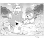 ambiguous_gender anthro blush clothed clothing cloud grass group open_mouth outside plant semi-anthro tongue zeru_(ma) himitsu_no_cocotama mukitetsu_(cocotama) tokumaru_(cocotama) yurano_(cocotama) canid canine cocotama felid mammal 2018 monochrome signature