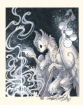 ambiguous_gender art_nouveau border feral night potion sky solo staff star starry_sky white_border drachenmagier mythology avian bird gryphon hybrid mythological_avian mythological_creature owl 2016 monochrome