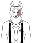 anthro burn_scar clothed clothing facial_scar fully_clothed hair looking_at_viewer male military minimal_color necktie scar simple_background solo suit topwear white_background anonymous_artist canid canine canis coyote mammal digital_media_(artwork) half-length_portrait portrait