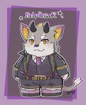 anthro chibi clothing fur grey_body grey_fur horn male necktie slightly_chubby solo suit yellow_eyes igarashi_ta lifewonders tokyo_afterschool_summoners belphegor_(tas) canid canine canis demon domestic_dog mammal wolf