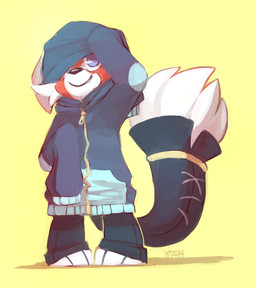 ambiguous_gender anthro black_bottomwear black_clothing black_nose black_pants blue_clothing blue_eyes blue_hoodie blue_topwear bottomwear cheek_tuft clothing facial_tuft feet fur hindpaw hoodie orange_body orange_fur oversized_clothing oversized_hoodie oversized_topwear pants paws pigeon_toed simple_background solo standing tail topwear tuft white_body white_fur yellow_background young zipper yassui ailurid mammal red_panda 2014 digital_media_(artwork) digital_painting_(artwork) full-length_portrait painting_(artwork) portrait shaded