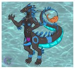 anthro black_body blue_markings border collar fin genitals gynomorph intersex markings nipple_mouth penis solo tail white_border womb_tattoo dragonnom mythology souli_(character) dragon eastern_dragon mythological_creature mythological_scalie scalie