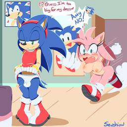 accessory anthro balls_outline big_breasts bite biting_lip biting_own_lip black_nose blue_penis blush body_swap boots bouncing_breasts bracelet breasts bulge clothed clothing clothing_lift crossdressing detailed_bulge dialogue dress dress_lift duo embarrassed erection female footwear frilly frilly_clothing frilly_panties frilly_underwear genital_outline genitals glans gloves green_eyes hair_accessory hairband handwear heart_symbol humanoid_genitalia humanoid_penis inside jewelry knee_boots knee_highs legwear looking_down male motion_lines nude panties panties_bulge penis penis_poking_out raised_clothing raised_dress red_boots red_clothing red_dress red_footwear red_shoes running self_bite shoes speech_bubble tail tail_motion tailwag tan_glans tan_inner_ear text underwear visible_self white_boots white_clothing white_dress white_footwear white_gloves white_handwear white_panties white_shoes white_underwear senshion sega sonic_the_hedgehog_(series) amy_rose sonic_the_hedgehog eulipotyphlan hedgehog mammal 1:1 2022 absurd_res english_text hi_res