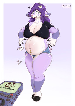 anthro belly big_belly big_breasts breast_squish breasts clothing controller female leg_markings markings pregnancy_progression pregnant pregnant_anthro pregnant_female purple_body shocked solo squish tearing_clothing tearing_pants tearing_shirt thigh_markings thighs_together torn_clothing wardrobe_malfunction mestysa heather_(zevulpes) deer mammal absurd_res hi_res