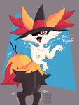 anthro areola breasts clothing embarrassed female fur genitals hat headgear headwear magic_user nipples nyan orange_body orange_fur paw_pose pose pussy red_eyes small_breasts smile solo witch witch_hat yellow_areola yellow_nipples ponporio nintendo pokemon braixen generation_6_pokemon pokemon_(species) absurd_res hi_res