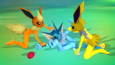 anthro claws clitoris dildo female genitals group looking_at_viewer looking_back pawpads paws pokeball pokemorph sex_toy spread_arms spread_legs spreading trio vulva sambro80 nintendo pokemon eeveelution flareon generation_1_pokemon jolteon pokemon_(species) vaporeon 16:9 3d_(artwork) digital_media_(artwork) widescreen