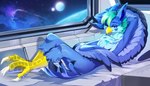 anthro avian avius_volante beak bed bird blue_eyes feet furniture pillow planet shiromell solo space talons toes white_bed_sheet window