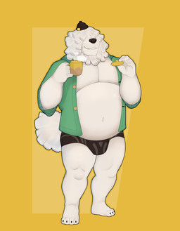 anthro beanie belly bulge clothing container cup fur hair hair_over_eyes hat headgear headwear male mug navel overweight smile solo speedo swimwear white_body white_fur andeandog mihoyo petit_planet mobai_(petit_planet) canid canine canis domestic_dog herding_dog mammal pastoral_dog sheepdog absurd_res hi_res
