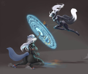 anthro black_body black_fur black_nose blue_body blue_fur bodysuit breasts clothed clothed_anthro clothed_female clothing duo eyewear female fight fur glasses grey_hair hair kneeling magic_shield melee_weapon ninja ranged_weapon shuriken skinsuit sword tail tight_clothing warrior weapon wearing_glasses white_hair cinnameana artificer_(voriof1) kurakage_(grimmeadow) canid canine canis fox mammal wolf hi_res