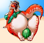 all_fours anthro beach big_butt butt claws clothing clothing_aside dress eyewear fangs female food fruit hat headgear headwear looking_at_viewer looking_back lying melon open_mouth overweight overweight_anthro overweight_female panties panties_aside plant raised_tail rear_view sand seaside slightly_chubby slightly_chubby_anthro slightly_chubby_female solo sun_hat sundress sunglasses tail teeth toe_claws underwear underwear_aside watermelon shenzel trinity_(shenzel) dinosaur prehistoric_species reptile scalie theropod tyrannosaurid tyrannosauroid tyrannosaurus tyrannosaurus_rex 2017