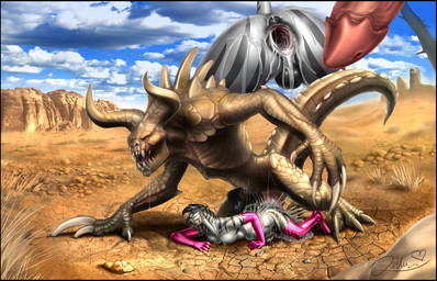 animal_genitalia animal_penis anthro anus balls black_border bodily_fluids border breasts butt claws close-up clothing cum cum_inflation cum_inside desert dominant duo erection gaping gaping_vagina genital_fluids genitals glistening glistening_clothing gloves handwear herm herm/male herm_penetrated horn inflation intersex intersex/male intersex_penetrated interspecies larger_dom larger_male latex legwear male male_penetrating male_penetrating_herm male_penetrating_intersex mostly_nude nude open_mouth penetration penis sex size_difference size_play smaller_herm smaller_intersex smaller_penetrated spikes stockings stripes tail teeth vaginal vulva wasteland quillu fallout microsoft kaeldu deathclaw equid equine mammal monster scalie zebra 2016 digital_media_(artwork) hi_res