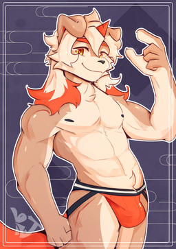 anthro biceps bulge clothed clothing floppy_ears horn jockstrap jockstrap_only male nipples solo topless underwear underwear_only rj-kun arknights hypergryph studio_montagne hung_(arknights) canid canine horned_humanoid humanoid mammal absurd_res hi_res