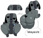 anthro balls belly big_butt butt controller dialogue erection game_controller genitals grey_body male nintendo_controller oiled_up penis presenting rear_view smug_face solo speech_bubble striped_body stripes teapot_(body_type) painishere.jpg miiverse nintendo nintendo_switch switch_dog animate_inanimate canid canine canis domestic_dog mammal absurd_res hi_res