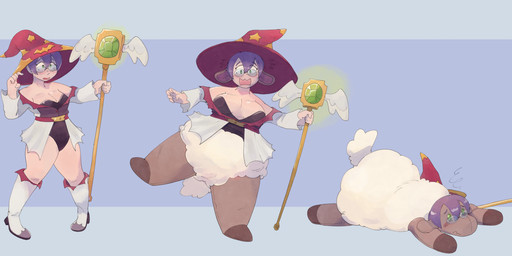 clothed clothing eyewear female fur glasses green_eyes hair hat headgear headwear plushie plushie_transformation plushification purple_hair seam_(sewing) solo species_transformation staff tail transformation white_body white_fur dondedun delphine_(dondedun) animate_inanimate bovid caprine human humanoid living_plushie mammal sheep hi_res