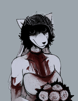 alternative_fashion anthro black_hair blood blood_on_clothing bodily_fluids bouquet breasts bride clothed clothing dress female flower fur goth grey_background hair looking_at_viewer neck_torture plant short_hair simple_background slit_throat smile solo veil wedding wedding_dress white_body white_fur wounded hladilnik carol_(hladilnik) canid canine canis domestic_dog ghost mammal spirit undead hi_res
