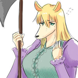 anthro axe blonde_hair bodily_fluids clothed clothed_female clothing embarrassed female greataxe green_eyes hair long_hair melee_weapon nervous simple_background solo sweat sweatdrop weapon white_background wnisef2 kemofujin_(comic) kemofujin canid canine canis domestic_dog hunting_dog mammal 1:1 half-length_portrait hi_res portrait