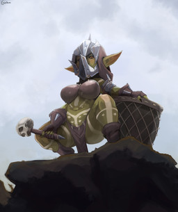 armor belly big_breasts bikini_armor bottomwear breasts clothing female headgear helmet humanoid_pointy_ears loincloth markings melee_weapon not_furry pointy_ears shield shortstack shortstack_female slightly_chubby solo unconvincing_armor weapon cranihum baldur's_gate baldur's_gate_3 bioware electronic_arts larian_studios goblin humanoid 2023 absurd_res hi_res