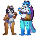 3_toes 4_fingers anthro athletic_wear back_wings bag barefoot big_breasts biped black_claws black_hair black_horn black_nose black_wings blue_body blue_hair blue_markings blue_scales blue_spots blue_tail blush blush_lines bodily_fluids breasts brown_body brown_ears brown_eyes brown_fur brown_markings brown_tail burrito claws cleavage clothed clothed_anthro clothed_female clothing collarbone countershade_face countershade_fur countershade_legs countershade_neck countershade_tail countershade_thighs countershade_torso countershading duo eating facial_markings feet female female_anthro fingers food forehead_markings fur gloves_(marking) hair head_markings holding_burrito holding_food holding_object horn inner_ear_fluff larger_anthro larger_female leg_markings markings membrane_(anatomy) membranous_wings midriff navel non-mammal_breasts non-mammal_navel paper_bag pupils purple_inner_ear purple_membrane purple_wings ring_(marking) scales size_difference slightly_chubby slightly_chubby_anthro slightly_chubby_female smaller_anthro smaller_female snout socks_(marking) spots spotted_arms spotted_legs standing sweat tail thick_thighs toe_claws toes towel tuft white_body white_countershading white_fur white_inner_ear_fluff white_markings white_scales white_tuft wings yellow_eyes pedrodesenhador mythology canid dragon mammal mythological_creature mythological_scalie scalie 1:1 2022 absurd_res artist_name character_request english_description full-length_portrait hi_res portrait