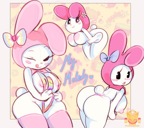 anthro areola bent_over big_breasts big_butt black_eyes blush blush_stickers border breasts butt clothing cotton_tail eyelashes female flower_on_head fur grey_border head_bow headgear headwear holidays legwear looking_at_viewer looking_back looking_back_at_viewer nipples one-piece_swimsuit one_ear_up one_eye_closed pink_areola pink_clothing pink_headwear pink_legwear pink_nipples pink_thigh_highs simple_background sling_bikini smile solo swimwear text thick_thighs thigh_highs tongue tongue_out white_body white_fur wide_hips wink winking_at_viewer yellow_background yellow_nose cosmicpussycat easter onegai_my_melody sanrio my_melody lagomorph leporid mammal rabbit absurd_res hi_res