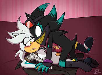 alternate_universe anthro bodily_fluids clothed clothing duo genital_fluids genitals hand_holding looking_pleasured lying male male/male on_back partially_clothed penis precum rubbing_penis teasing tentadick the_night_club_au zurzure sega sonic_the_hedgehog_(series) mephiles_the_dark silver_the_hedgehog eulipotyphlan hedgehog mammal