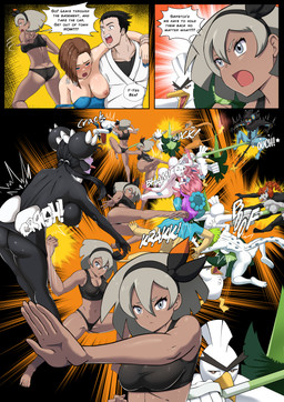 3_toes 4_toes 5_fingers 5_toes abs accessory ambiguous_gender angry balls barefoot battle beak big_breasts biped black_body black_bra black_clothing black_hair black_nipples black_panties black_penis black_skin black_sports_bra black_underwear blue_body blue_eyes blue_fur blue_nails bra breasts claws clenched_teeth clothing colored_nails comic_panel curly_hair dark_body dark_skin dialogue exclamation_point eyelashes eyes_closed feathers feet female fighting_pose fingers fire fist_in_palm flaming_tail fur genitals green_hair grey_eyes grey_hair group gym_leader hair headband huge_breasts inner_ear_fluff kick kicking_another long_hair long_tail male melee_weapon motion_lines multicolored_body nails navel nipple_outline nipples onomatopoeia open_mouth orange_body orange_fur orange_hair pain palms panties pawpads penis pink_hair pink_hands pink_nipples pointy_ears pokemorph ponytail pose purple_hair raised_leg rear_view round_ears shield short_hair small_breasts soles solo sound_effects speech_bubble sports_bra sword tail teeth text toes tuft two_tone_body underwear wardrobe_malfunction weapon white_nipples white_ribbon yellow_body yellow_fur bernardol22 nasbak-cryman nintendo pokemon bea_(pokemon) anatid anseriform avian bird chien-pao cinderace duck eeveelution felid generation_3_pokemon generation_4_pokemon generation_5_pokemon generation_6_pokemon generation_8_pokemon generation_9_pokemon gothorita haplorhine human humanoid hyena legendary_pokemon luxray mammal mightyena monferno monkey panpour pantherine pokemon_(species) primate sirfetch'd snow_leopard sylveon absurd_res comic english_text hi_res