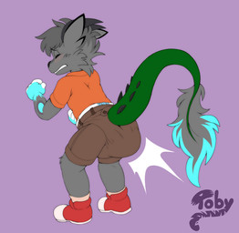 4_fingers ambiguous_gender anthro big_diaper black_nose black_spikes blue_body blue_fur blush blush_lines bottomwear brown_bottomwear brown_clothing brown_shorts button_(fastener) clenched_teeth clothed clothing diaper diaper_peekage diaper_under_clothing eyes_closed feces fingerless_(marking) fingerless_gloves_(marking) fingers fist footwear fur furgonomic_pants gloves_(marking) green_tail grey_body grey_fur grey_horn head_horn horn logo markings multicolored_body multicolored_fur open_mouth orange_clothing orange_shirt orange_topwear pink_clothing pink_footwear pink_socks pooping purple_background rear_view red_clothing red_footwear red_shoes shirt shoes shorts simple_background socks soiled_diaper soiling soiling_diaper solo spiked_tail spikes spikes_(anatomy) standing tail tail_tuft teeth topwear tuft unclean_diaper used_diaper using_diaper wearing_diaper white_body white_fur toby_tiger mythology raizu_(paddedraizu) dragon furred_dragon furred_scalie mythological_creature mythological_scalie scalie artist_logo full-length_portrait hi_res portrait