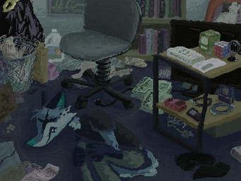 anthro black_clothing black_shirt black_t-shirt black_topwear blue_body blue_fur bookshelf bottomwear chair clothed clothed_male clothing curled_up detailed_background electronics fangs fully_clothed fully_clothed_male fur furniture green_bottomwear green_clothing green_pants inside lying male office_chair on_side pants phone shirt solo t-shirt table teeth toony topwear trash_can x_eyes demensa emil_(demensa) canid canine canis coyote domestic_dog mammal 2025 4:3 digital_media_(artwork) hi_res pixel_(artwork)