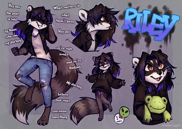 anthro big_tail blep chibi clothing dancing female fluffy hoodie jacket leather leather_clothing leather_jacket leather_topwear open_mouth plushie tail text tongue tongue_out topwear lonerdemiurge riley_blaine mammal procyonid raccoon absurd_res english_text hi_res sketch sketch_page