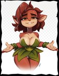 4_fingers anthro big_breasts bite biting_lip breasts brown_hair cleavage clothed clothing exposure_variation eyebrows eyelashes female fingers front_view green_eyes hair halftone_background looking_at_viewer pattern_background short_hair simple_background solo text magaska19 activision spyro_reignited_trilogy spyro_the_dragon elora faun_(spyro) mammal 2023 artist_name digital_media_(artwork) halftone hi_res