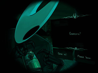 2_horns anthro beverage can container dialogue_box dialogue_choice empty_eyes exclamation_point gesture hand_gesture holding_beverage holding_can holding_container holding_object horn looking_at_viewer outside pointing pointing_at_object question_mark segmented_arms solo text white_text kaiartis guarana_antarctica hollow_knight_(franchise) no_i'm_not_a_human team_cherry hornet_(hollow_knight) arthropod 2025 english_text meme female_(lore)