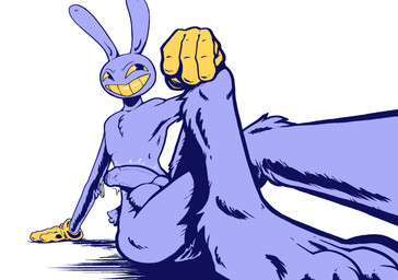 anthro balls bodily_fluids clothing crossed_legs drop_shadow foreskin genital_fluids genitals gloves grin handwear leaking_precum male penis perspective precum sitting smile solo tail throbbing throbbing_penis dahurgthedragon glitch_productions the_amazing_digital_circus jax_(tadc) lagomorph leporid mammal rabbit hi_res