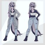 anthro bandage bottomwear clothing coat custom customization denim denim_bottomwear denim_clothing female hair jeans pants ponytail raincoat shadow shiroichiair tail topwear antropomorto shiroichi_air canid canine fox mammal 1:1 hi_res