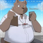 anthro bottomwear brown_body brown_fur clothing electronics fur humanoid_hands kemono male outside overweight overweight_anthro overweight_male pants phone shirt solo text topwear green_bell inakamichi bear mammal 1:1 2020