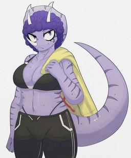 aggressive angry anthro athletic athletic_anthro athletic_female big_breasts black_bottomwear black_bra black_clothing black_panties black_pants black_underwear bottomwear bra breasts clothed clothed_anthro clothed_female clothing eyelashes facial_horn female fingers frill_(anatomy) front_view frown hair hoodie horn humanoid_hands long_eyelashes looking_at_viewer markings medium_hair midriff navel non-mammal_breasts non-mammal_navel panties pants purple_body purple_eyes purple_hair simple_background solo sports_bra standing striped_markings stripes tail thong_straps topwear underwear ventral_groove white_background yellow_clothing yellow_hoodie yellow_topwear mike_jeb goodbye_volcano_high ko_op_(game_developer) trish_(gvh) ceratopsian ceratopsid chasmosaurine dinosaur marginocephalian ornithischian prehistoric_species reptile scalie triceratops absurd_res colored hi_res portrait shaded three-quarter_portrait
