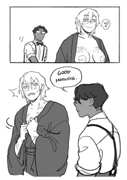 breasts clothed clothing duo eyewear female fully_clothed glasses hair male nipples not_furry robe scales simple_background topwear starfleetrambo edward_(starfleetrambo) oskar_(starfleetrambo) animal_humanoid human humanoid mammal marine marine_humanoid oarfish_humanoid siren comic digital_media_(artwork) sketch trans_(lore) trans_man_(lore)