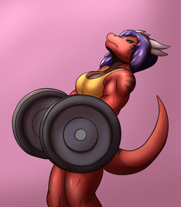 blue_eyes breasts cleavage clothed clothing exercise female hair holding_object horn multicolored_body muscular muscular_female pink_background purple_hair red_body shirt simple_background solo standing tail topwear weightlifting white_horn workout thony_dog nykka lizard reptile scalie hi_res