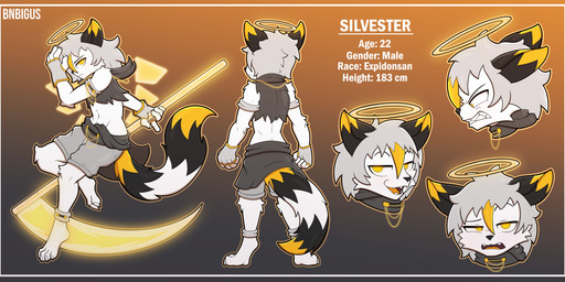 angry anthro barefoot biped black_body black_fur claws clothed clothing facial_expressions feet fingers fluffy fluffy_tail fur halo humanoid_hands long_tail male markings melee_weapon polearm scythe smile solo standing striped_markings striped_tail stripes tail tail_markings weapon white_body white_fur wings yellow_eyes bnbigus mammal 2025 absurd_res hi_res model_sheet