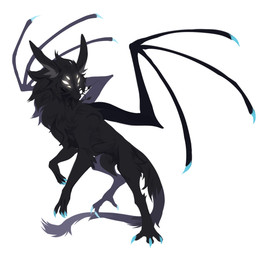 ambiguous_gender black_body black_fur blue_claws butt_tuft cheek_tuft chest_tuft claws empty_eyes facial_tuft feral fur head_tuft multi_eye neck_tuft simple_background solo tail tail_tuft tuft unsigned white_background wings corzh77 species_request absurd_res full-length_portrait hi_res portrait